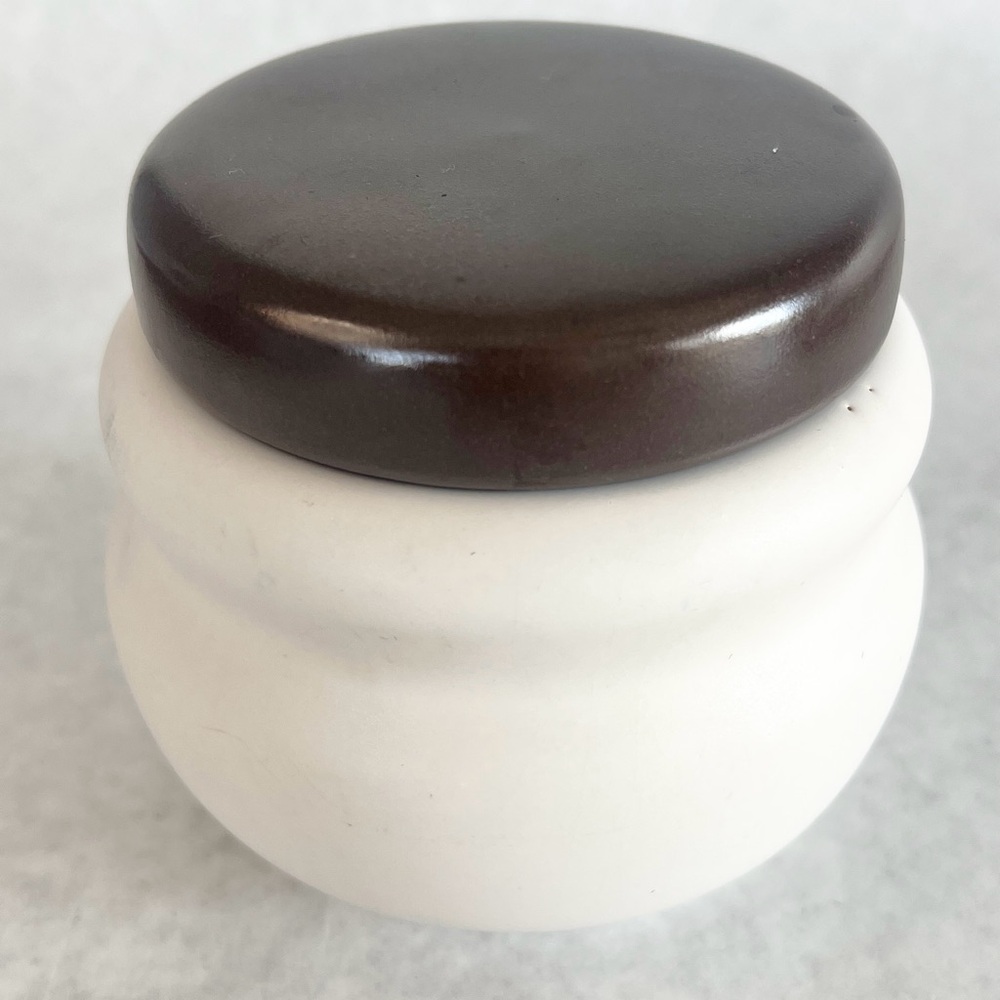 Vintage Japanese Ceramic Jar with Brown Lid, White Neutral Tones, Minimalist